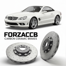 ForzaCCB direct OEM replacement carbon ceramic brake rotors for 2004 to 2011 Mercedes-Benz SL 65 AMG R230 models, shown with a white Mercedes-Benz SL 65 AMG car.