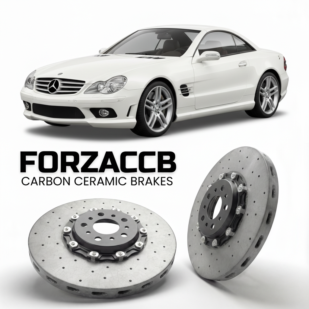 ForzaCCB direct OEM replacement carbon ceramic brake rotors for 2004 to 2011 Mercedes-Benz SL 65 AMG R230 models, shown with a white Mercedes-Benz SL 65 AMG car.