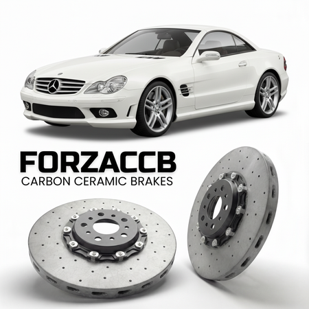 ForzaCCB direct OEM replacement carbon ceramic brake rotors for 2004 to 2011 Mercedes-Benz SL 65 AMG R230 models, shown with a white Mercedes-Benz SL 65 AMG car.