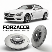ForzaCCB direct OEM replacement carbon ceramic brake rotors for 2012 to 2018 Mercedes-Benz SL 65 AMG R231 models, shown with a white Mercedes-Benz SL 65 AMG car.