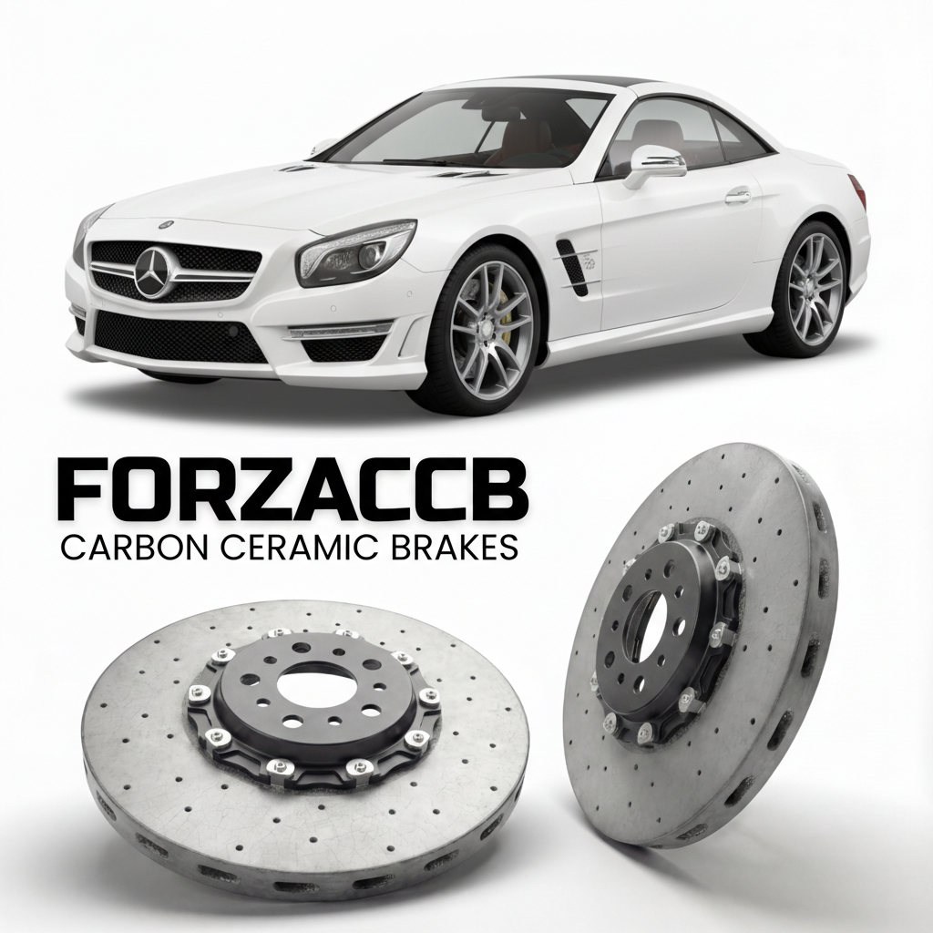 ForzaCCB direct OEM replacement carbon ceramic brake rotors for 2012 to 2018 Mercedes-Benz SL 65 AMG R231 models, shown with a white Mercedes-Benz SL 65 AMG car.