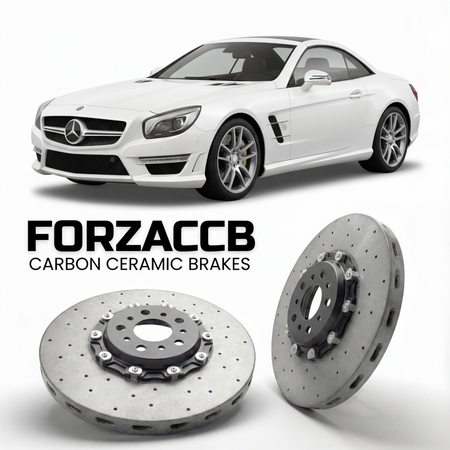 ForzaCCB direct OEM replacement carbon ceramic brake rotors for 2012 to 2018 Mercedes-Benz SL 65 AMG R231 models, shown with a white Mercedes-Benz SL 65 AMG car.