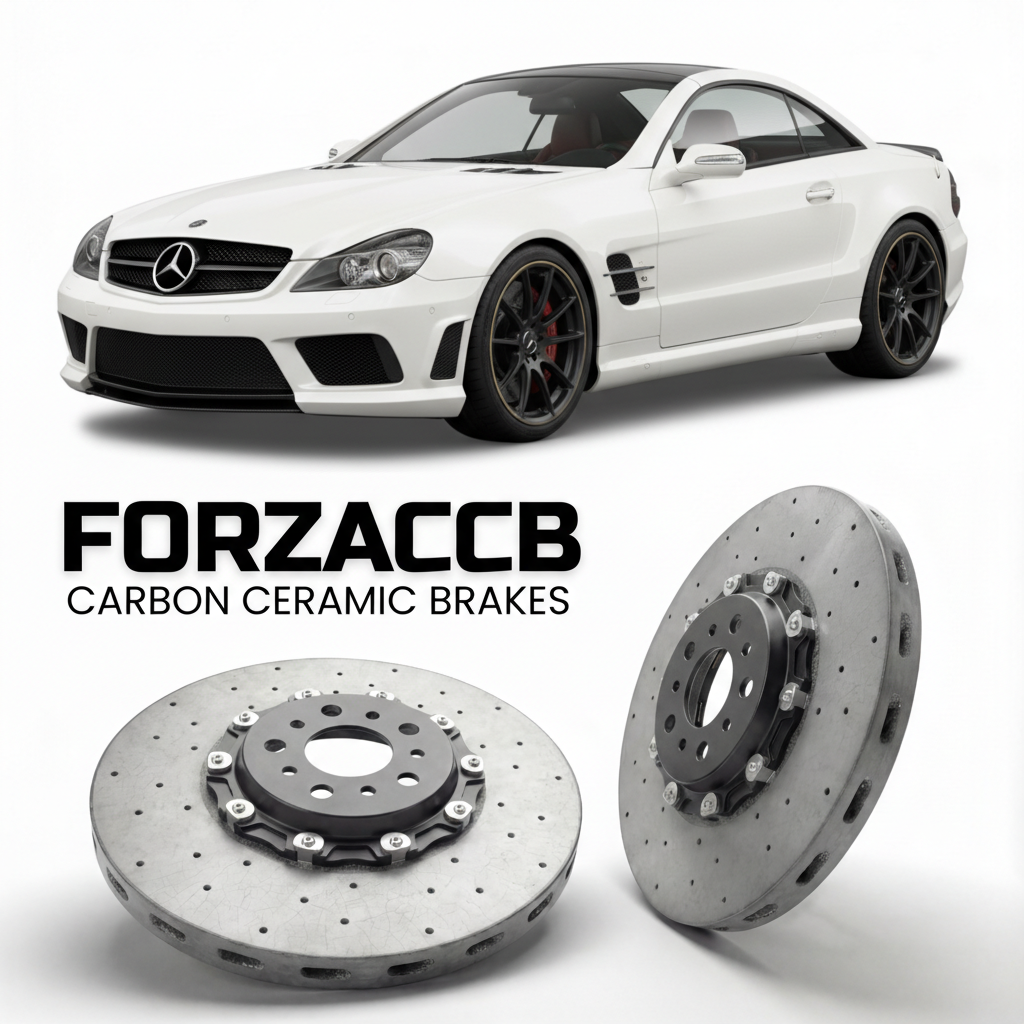 ForzaCCB direct OEM replacement carbon ceramic brake rotors for 2008 to 2011 Mercedes-Benz SL 65 AMG Black Series R230 models, shown with a white Mercedes-Benz SL 65 AMG Black Series car.