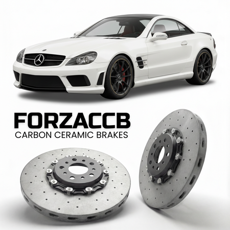 ForzaCCB direct OEM replacement carbon ceramic brake rotors for 2008 to 2011 Mercedes-Benz SL 65 AMG Black Series R230 models, shown with a white Mercedes-Benz SL 65 AMG Black Series car.