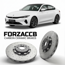 ForzaCCB direct OEM replacement carbon ceramic brake rotors for 2022 and newer Deepal SL03 models, shown with a white Deepal SL03 car.