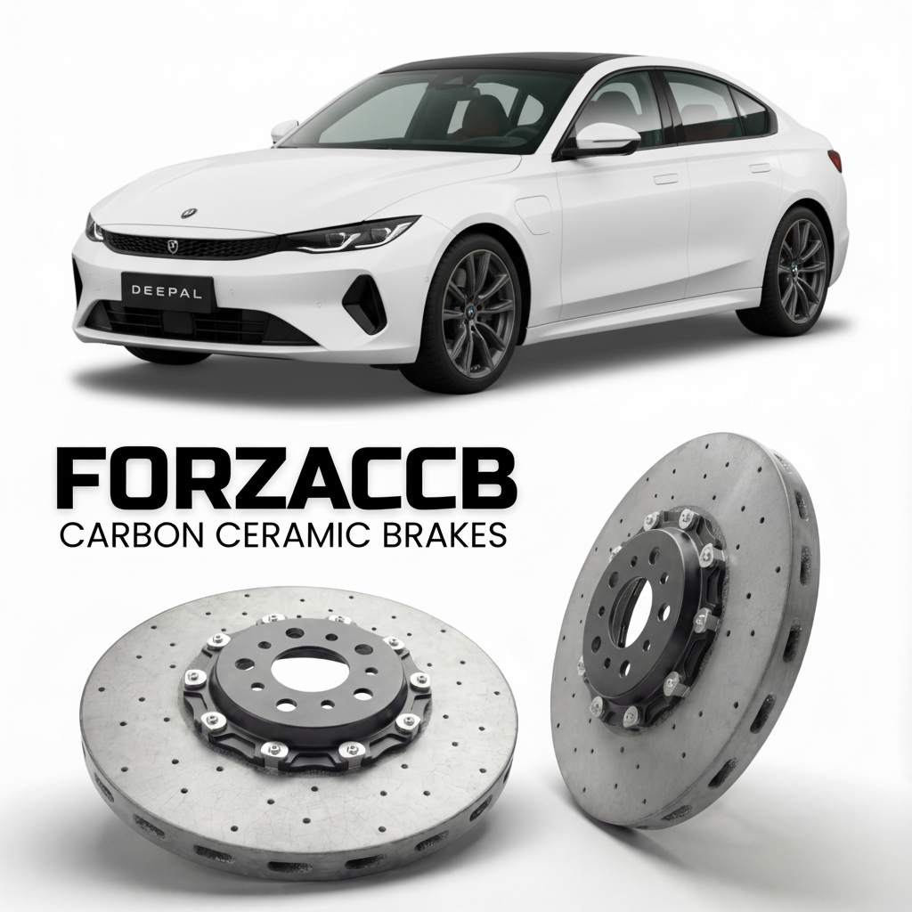 ForzaCCB direct OEM replacement carbon ceramic brake rotors for 2022 and newer Deepal SL03 models, shown with a white Deepal SL03 car.