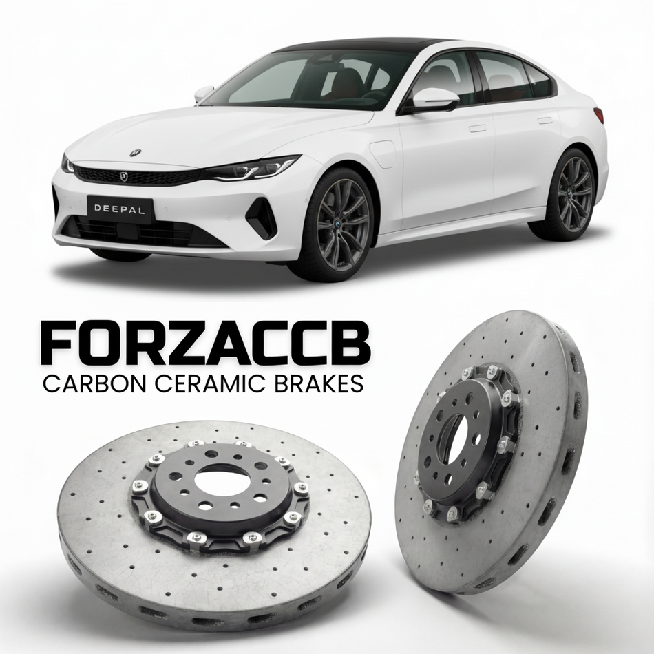 ForzaCCB direct OEM replacement carbon ceramic brake rotors for 2022 and newer Deepal SL03 models, shown with a white Deepal SL03 car.