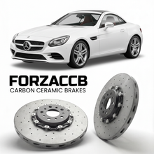 ForzaCCB direct OEM replacement carbon ceramic brake rotors for 2016 to 2020 Mercedes-Benz SLC 300 R172 models, shown with a white Mercedes-Benz SLC 300 car.