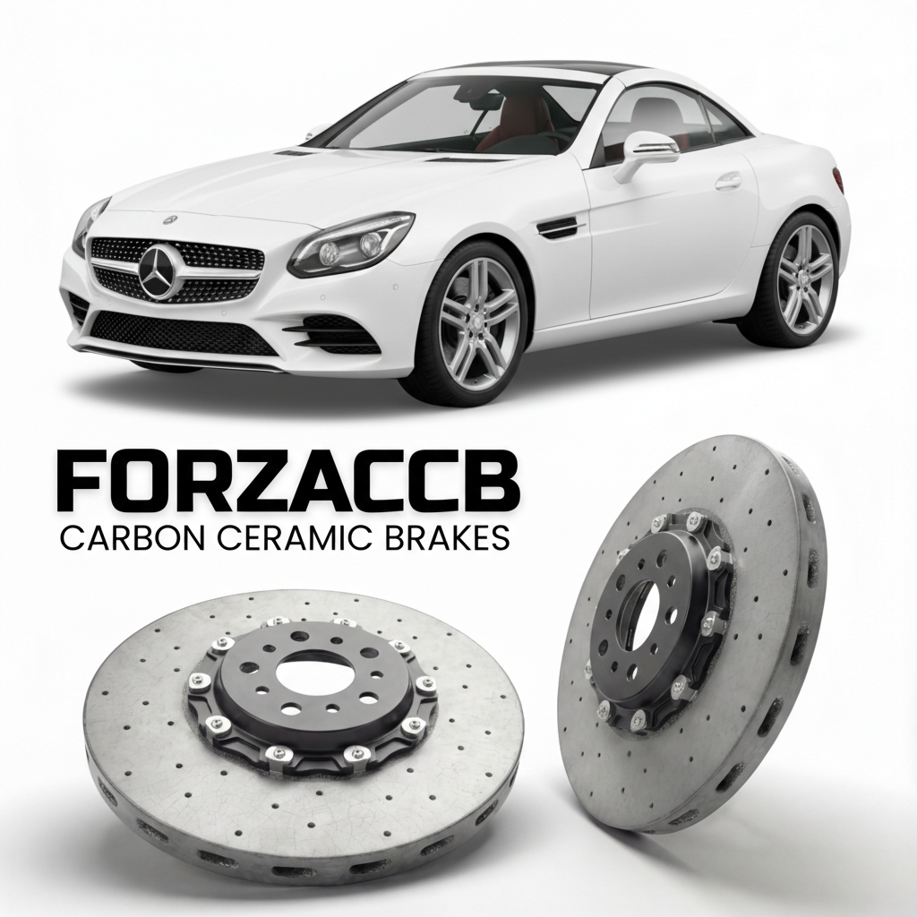 ForzaCCB direct OEM replacement carbon ceramic brake rotors for 2016 to 2020 Mercedes-Benz SLC 300 R172 models, shown with a white Mercedes-Benz SLC 300 car.
