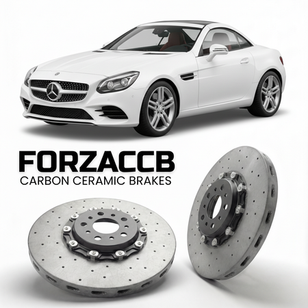 ForzaCCB direct OEM replacement carbon ceramic brake rotors for 2016 to 2020 Mercedes-Benz SLC 300 R172 models, shown with a white Mercedes-Benz SLC 300 car.