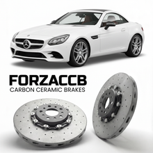 ForzaCCB direct OEM replacement carbon ceramic brake rotors for 2016 to 2020 Mercedes-Benz SLC 43 AMG R172 models, shown with a white Mercedes-Benz SLC 43 AMG car.