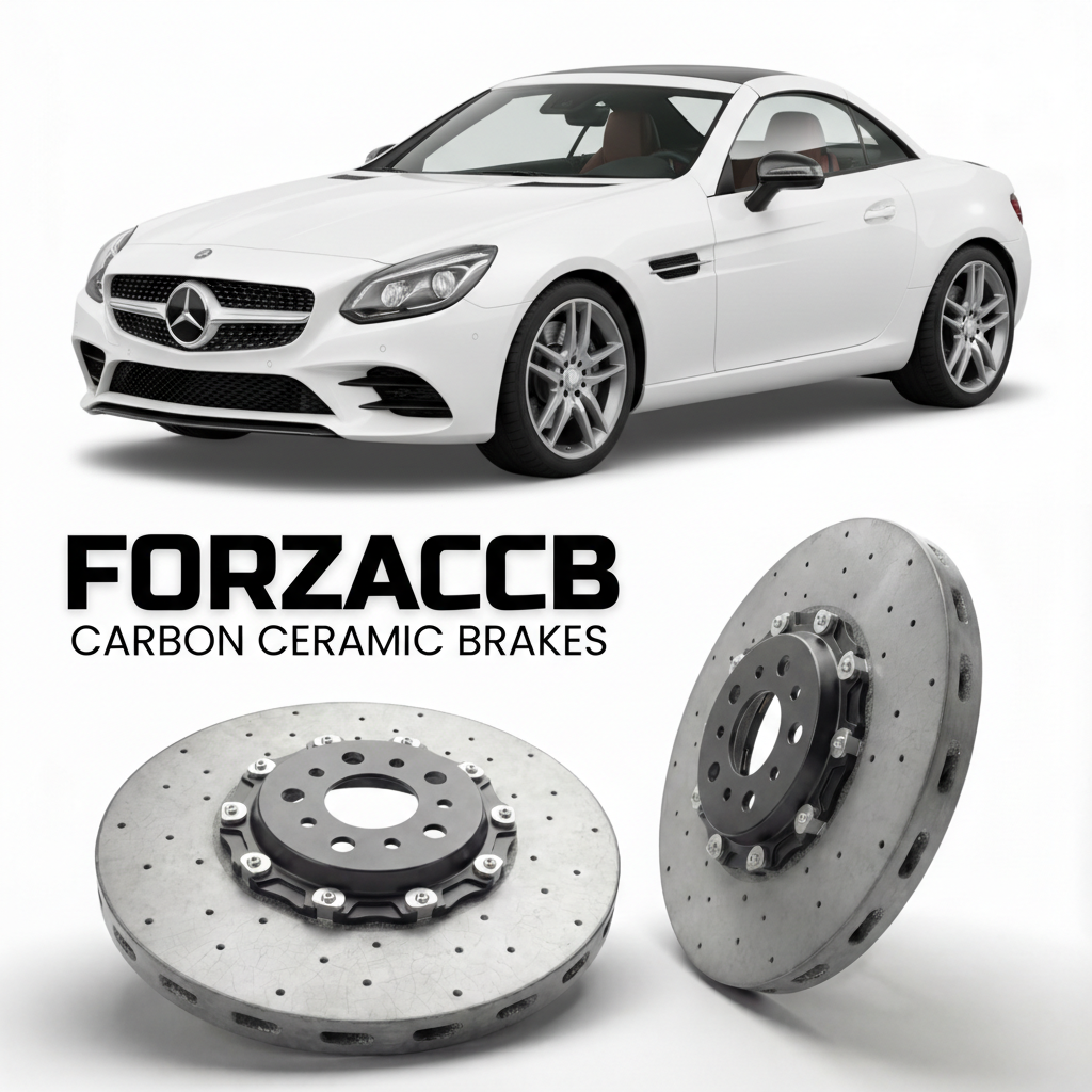 ForzaCCB direct OEM replacement carbon ceramic brake rotors for 2016 to 2020 Mercedes-Benz SLC 43 AMG R172 models, shown with a white Mercedes-Benz SLC 43 AMG car.