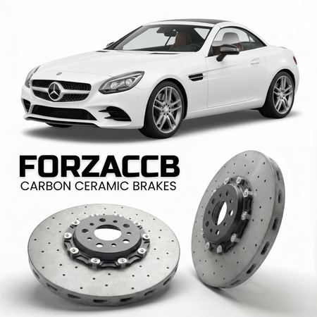 ForzaCCB direct OEM replacement carbon ceramic brake rotors for 2016 to 2020 Mercedes-Benz SLC 43 AMG R172 models, shown with a white Mercedes-Benz SLC 43 AMG car.