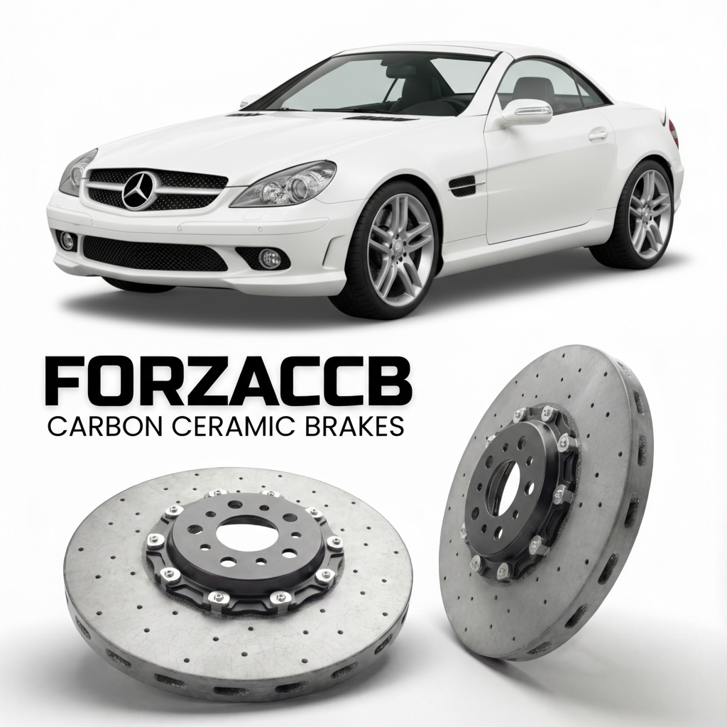 ForzaCCB direct OEM replacement carbon ceramic brake rotors for 2005 to 2011 Mercedes-Benz SLK 350 R171 models, shown with a white Mercedes-Benz SLK 350 car.