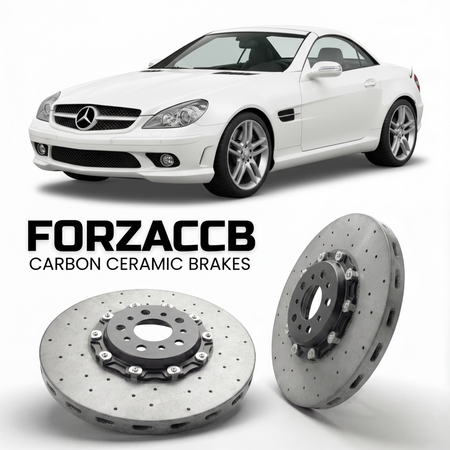 ForzaCCB direct OEM replacement carbon ceramic brake rotors for 2005 to 2011 Mercedes-Benz SLK 350 R171 models, shown with a white Mercedes-Benz SLK 350 car.