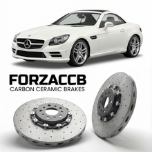 ForzaCCB direct OEM replacement carbon ceramic brake rotors for 2011 to 2016 Mercedes-Benz SLK 350 R172 models, shown with a white Mercedes-Benz SLK 350 car.