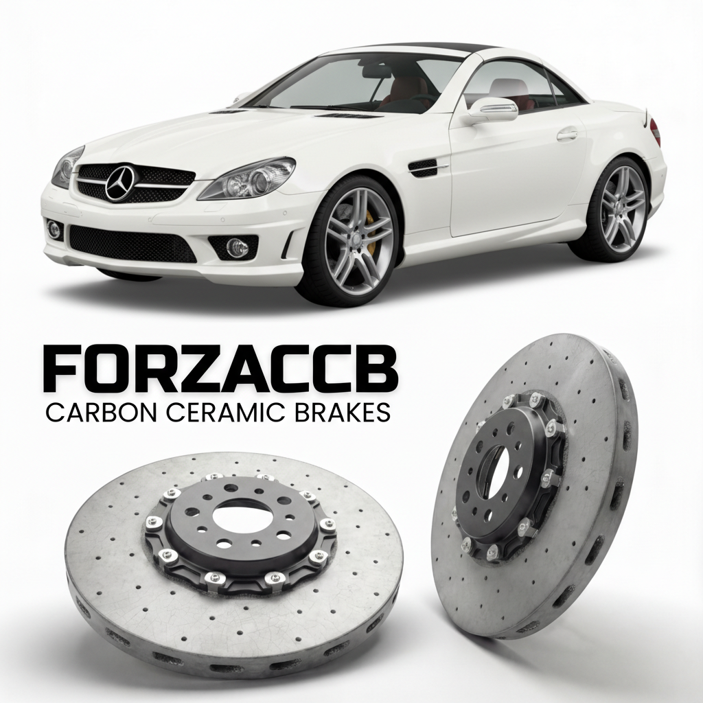 ForzaCCB direct OEM replacement carbon ceramic brake rotors for 2005 to 2011 Mercedes-Benz SLK 55 AMG R171 models, shown with a white Mercedes-Benz SLK 55 AMG car.