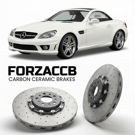 ForzaCCB direct OEM replacement carbon ceramic brake rotors for 2005 to 2011 Mercedes-Benz SLK 55 AMG R171 models, shown with a white Mercedes-Benz SLK 55 AMG car.
