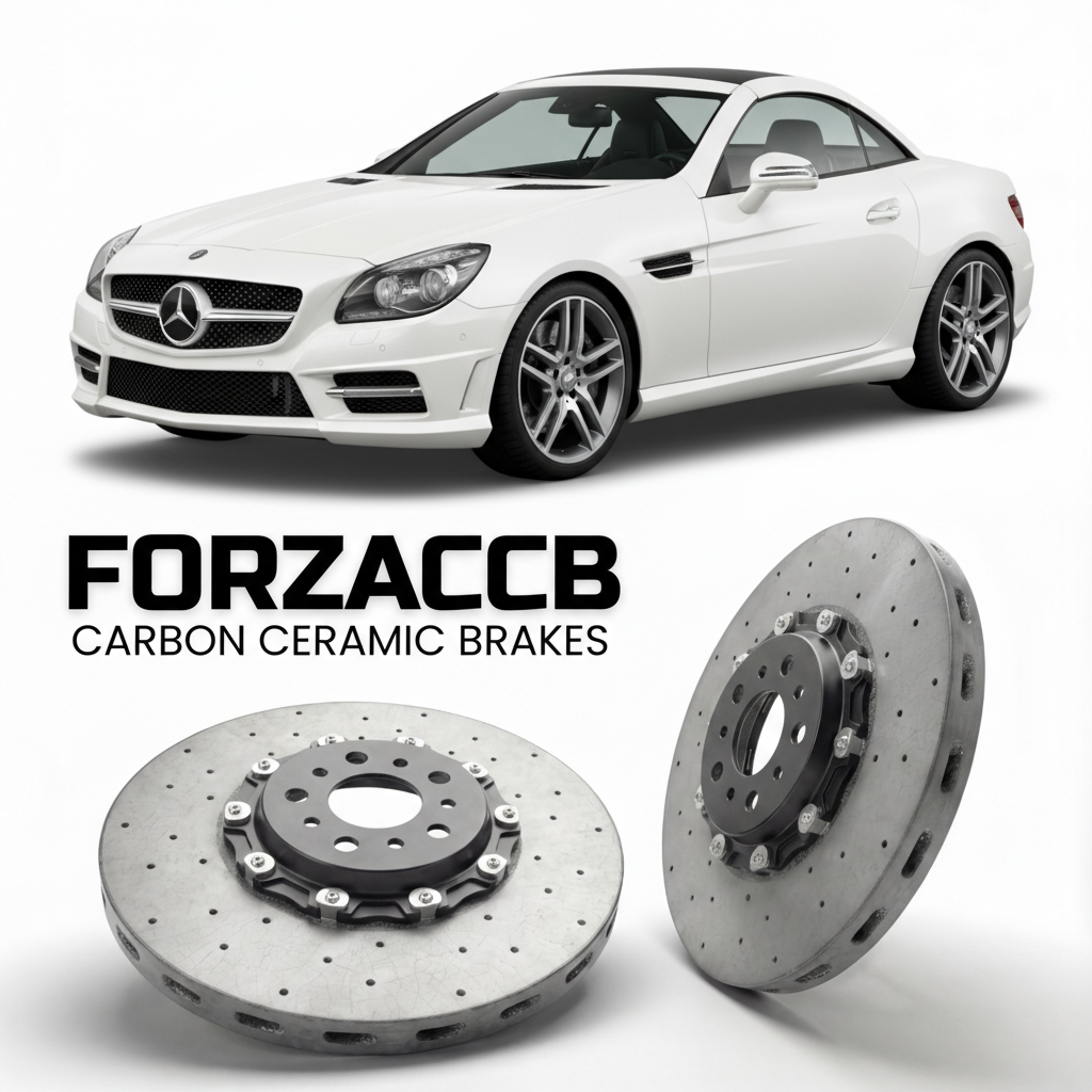 ForzaCCB direct OEM replacement carbon ceramic brake rotors for 2012 to 2015 Mercedes-Benz SLK 55 AMG R172 models, shown with a white Mercedes-Benz SLK 55 AMG car.