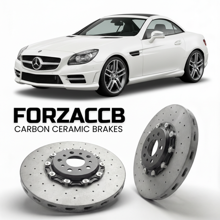 ForzaCCB direct OEM replacement carbon ceramic brake rotors for 2012 to 2015 Mercedes-Benz SLK 55 AMG R172 models, shown with a white Mercedes-Benz SLK 55 AMG car.