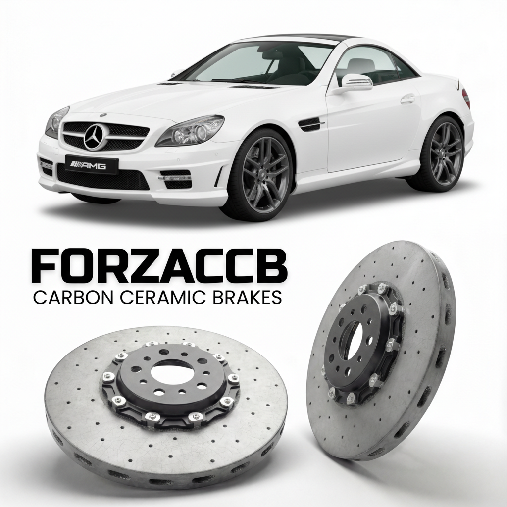 ForzaCCB direct OEM replacement carbon ceramic brake rotors for 2006 to 2011 Mercedes-Benz SLK 55 AMG R171 models, shown with a white Mercedes-Benz SLK 55 AMG car.