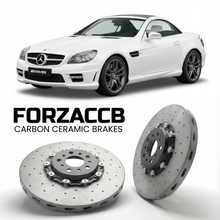 ForzaCCB direct OEM replacement carbon ceramic brake rotors for 2006 to 2011 Mercedes-Benz SLK 55 AMG R171 models, shown with a white Mercedes-Benz SLK 55 AMG car.