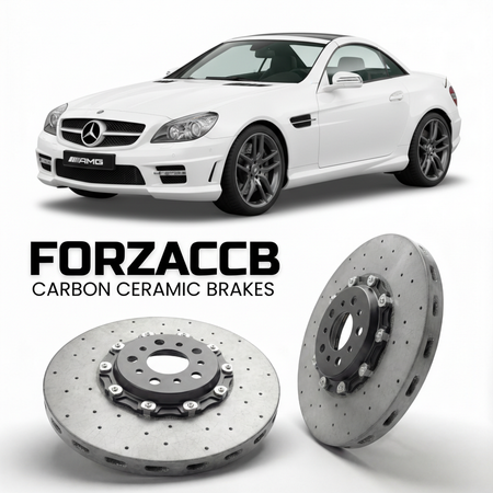 ForzaCCB direct OEM replacement carbon ceramic brake rotors for 2006 to 2011 Mercedes-Benz SLK 55 AMG R171 models, shown with a white Mercedes-Benz SLK 55 AMG car.