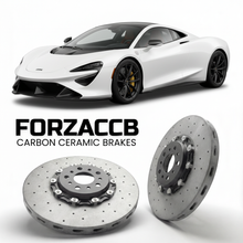 ForzaCCB direct OEM replacement carbon ceramic brake rotors for 2023 McLaren Solus GT Track models, shown with a white McLaren Solus GT car.