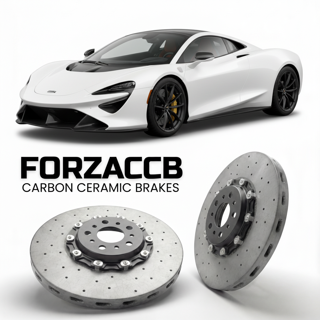 ForzaCCB direct OEM replacement carbon ceramic brake rotors for 2023 McLaren Solus GT Track models, shown with a white McLaren Solus GT car.