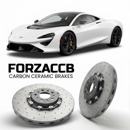 ForzaCCB direct OEM replacement carbon ceramic brake rotors for 2023 McLaren Solus GT Track models, shown with a white McLaren Solus GT car.