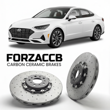 ForzaCCB direct OEM replacement carbon ceramic brake rotors for 2019 to 2026 Hyundai Sonata models, shown with a white Hyundai Sonata car.