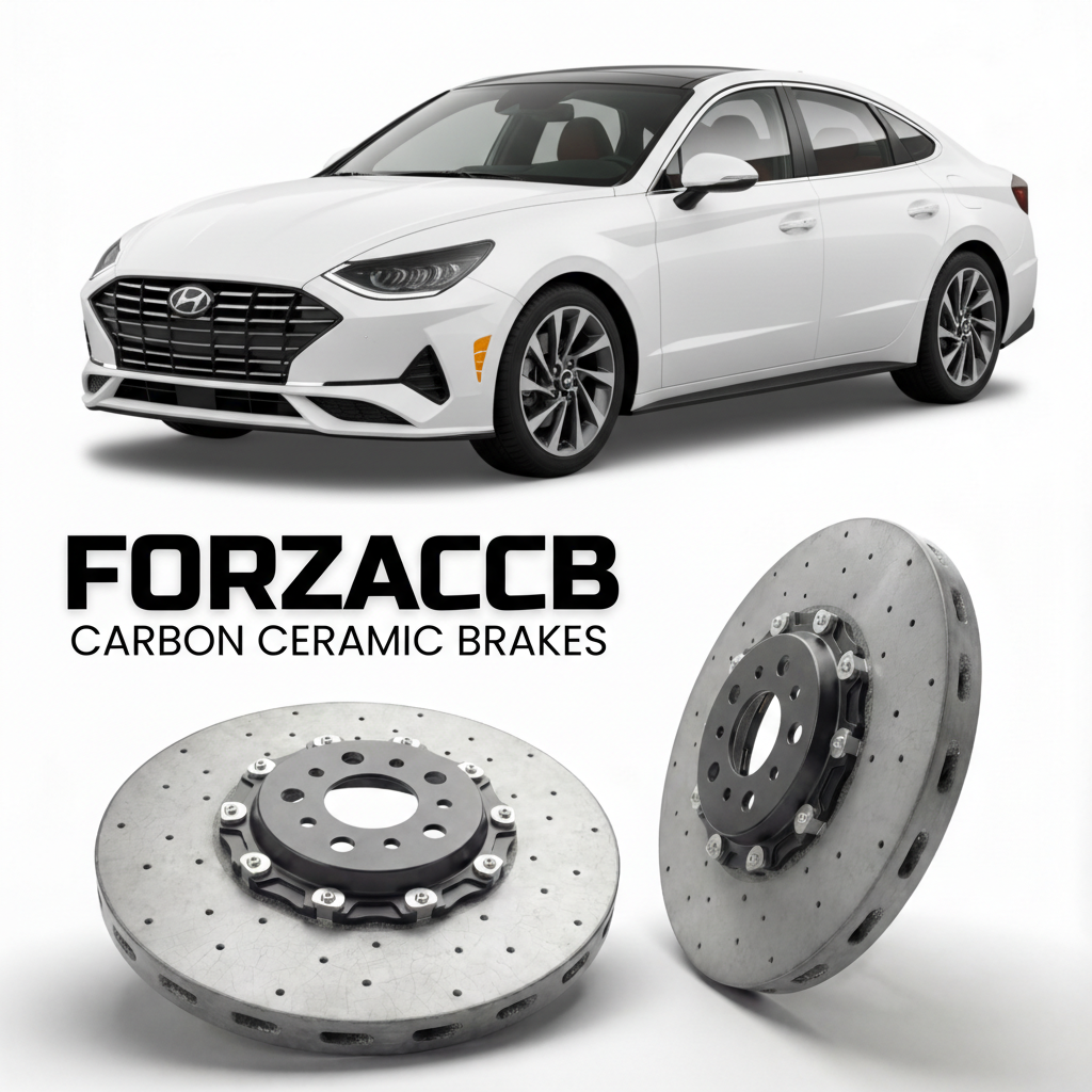 ForzaCCB direct OEM replacement carbon ceramic brake rotors for 2019 to 2026 Hyundai Sonata models, shown with a white Hyundai Sonata car.