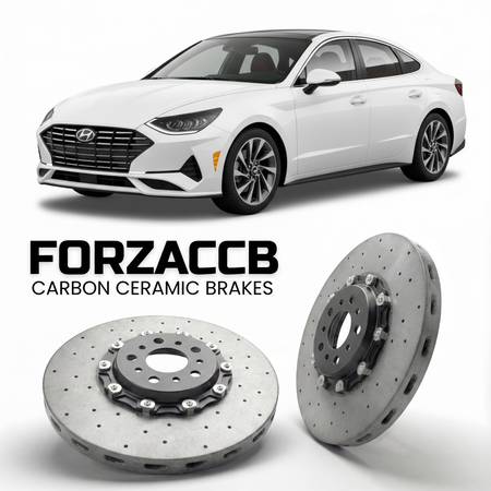 ForzaCCB direct OEM replacement carbon ceramic brake rotors for 2019 to 2026 Hyundai Sonata models, shown with a white Hyundai Sonata car.