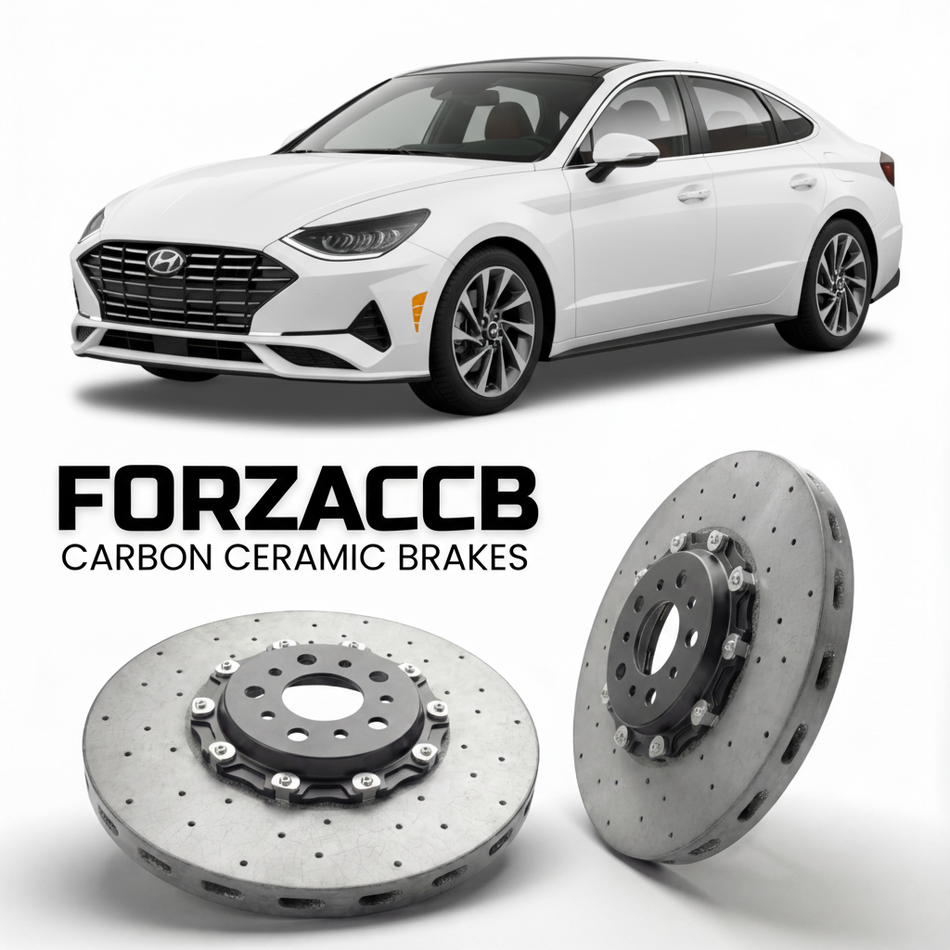 ForzaCCB direct OEM replacement carbon ceramic brake rotors for 2019 to 2026 Hyundai Sonata models, shown with a white Hyundai Sonata car.