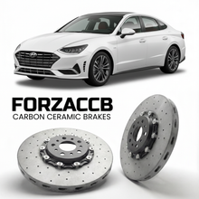 ForzaCCB direct OEM replacement carbon ceramic brake rotors for 2020 to 2026 Hyundai Sonata Hybrid models, shown with a white Hyundai Sonata Hybrid car.