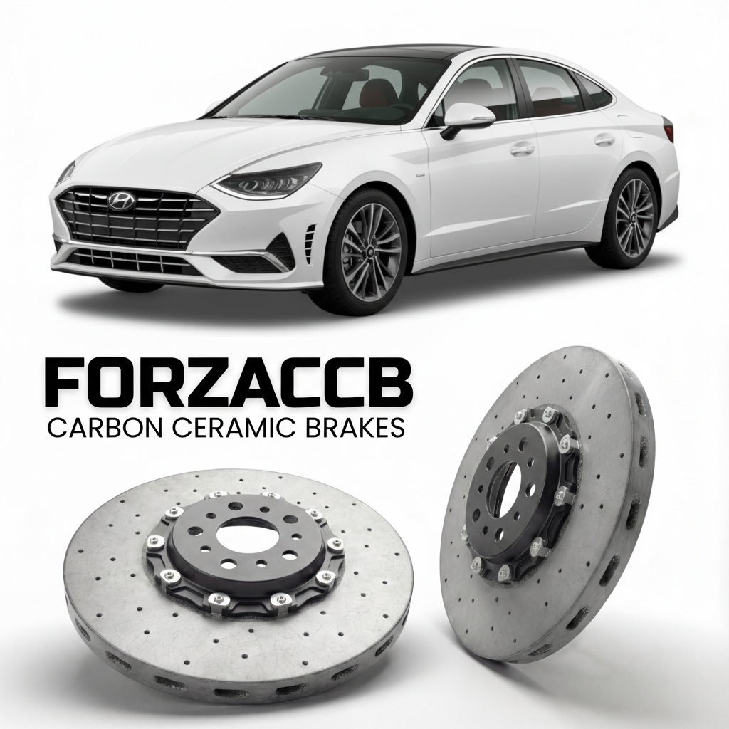 ForzaCCB direct OEM replacement carbon ceramic brake rotors for 2020 to 2026 Hyundai Sonata Hybrid models, shown with a white Hyundai Sonata Hybrid car.
