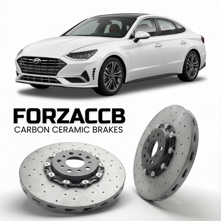 ForzaCCB direct OEM replacement carbon ceramic brake rotors for 2020 to 2026 Hyundai Sonata Hybrid models, shown with a white Hyundai Sonata Hybrid car.