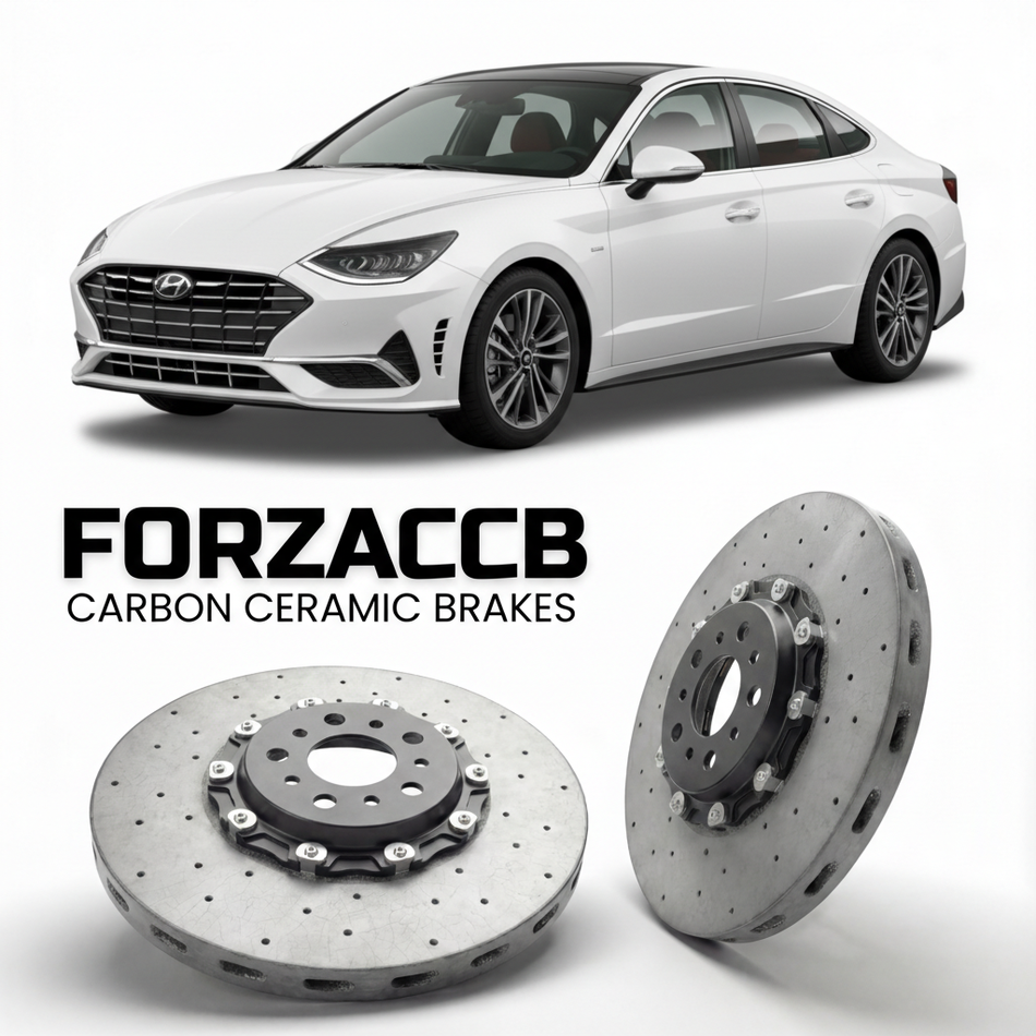 ForzaCCB direct OEM replacement carbon ceramic brake rotors for 2020 to 2026 Hyundai Sonata Hybrid models, shown with a white Hyundai Sonata Hybrid car.