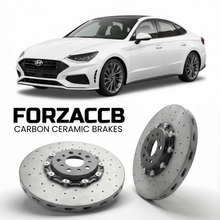 ForzaCCB direct OEM replacement carbon ceramic brake rotors for 2021 to 2026 Hyundai Sonata N Line models, shown with a white Hyundai Sonata N Line car.
