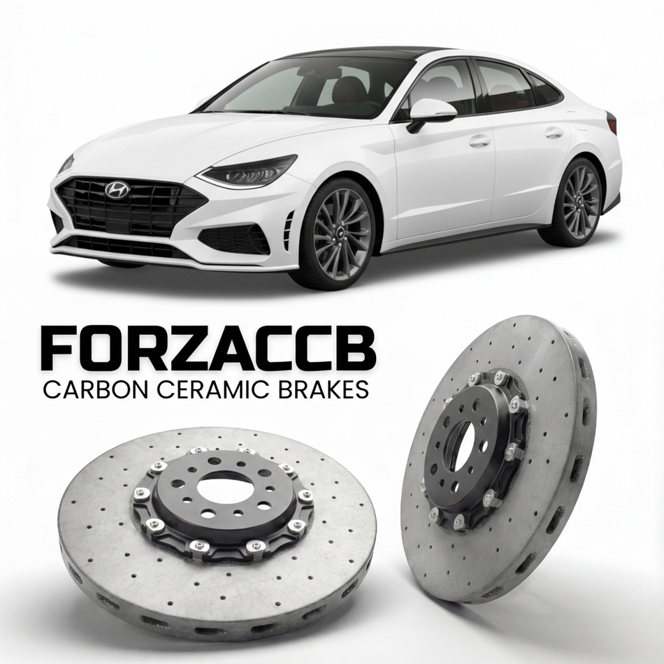 ForzaCCB direct OEM replacement carbon ceramic brake rotors for 2021 to 2026 Hyundai Sonata N Line models, shown with a white Hyundai Sonata N Line car.