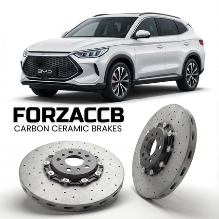 ForzaCCB direct OEM replacement carbon ceramic brake rotors for 2023+) BYD Song Plus (facelift 2023 models, shown with a white BYD Song car.