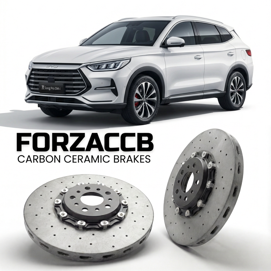 ForzaCCB direct OEM replacement carbon ceramic brake rotors for 2024+) BYD Song Pro (facelift 2024 models, shown with a white BYD Song car.