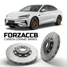 ForzaCCB direct OEM replacement carbon ceramic brake rotors for 2023 and newer BYD Song L EV models, shown with a white BYD Song L car.