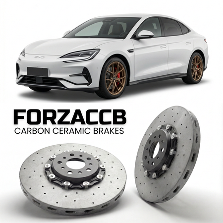ForzaCCB direct OEM replacement carbon ceramic brake rotors for 2023 and newer BYD Song L EV models, shown with a white BYD Song L car.
