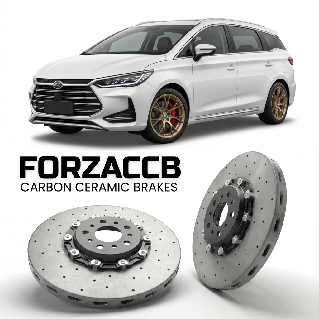 ForzaCCB direct OEM replacement carbon ceramic brake rotors for 2021 and newer BYD Song Max facelift 2021 models, shown with a white BYD Song Max car.