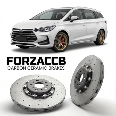 ForzaCCB direct OEM replacement carbon ceramic brake rotors for 2021 and newer BYD Song Max facelift 2021 models, shown with a white BYD Song Max car.