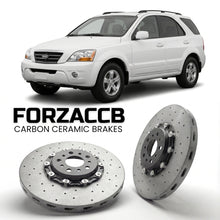 ForzaCCB direct OEM replacement carbon ceramic brake rotors for 2005 to 2006 Kia Sorento models, shown with a white Kia Sorento car.