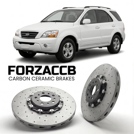 ForzaCCB direct OEM replacement carbon ceramic brake rotors for 2005 to 2006 Kia Sorento models, shown with a white Kia Sorento car.