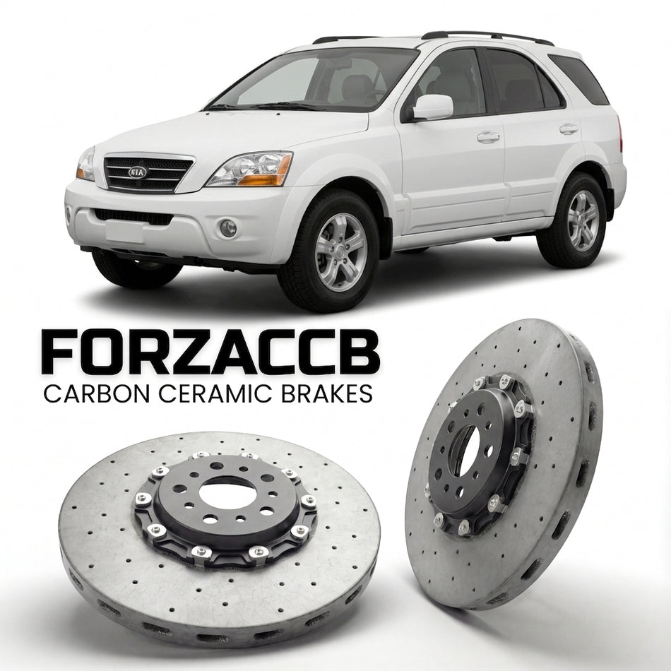 ForzaCCB direct OEM replacement carbon ceramic brake rotors for 2005 to 2006 Kia Sorento models, shown with a white Kia Sorento car.