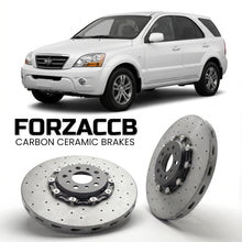 ForzaCCB direct OEM replacement carbon ceramic brake rotors for 2006-2009) Kia Sorento I (facelift 2006 models, shown with a white Kia Sorento car.